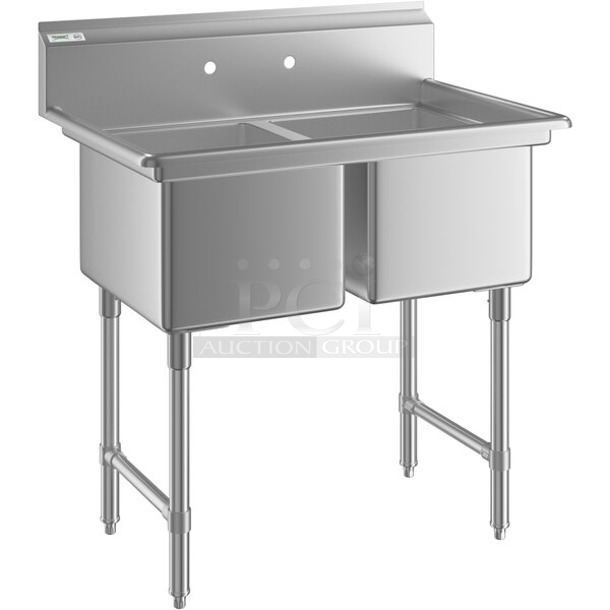 BRAND NEW SCRATCH AND DENT! Regency 600S21620 39" 16 Gauge Stainless Steel Two Compartment Commercial Sink with Stainless Steel Legs and Cross Bracing - 16" x 20" x 12" Bowls - Image 1 of 7