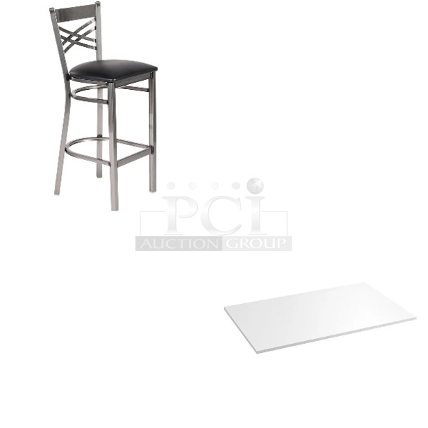 2 BRAND NEW SCRATCH AND DENT! Items Including 164BMCCVBKKD Lancaster Table & Seating Clear Coat Finish Cross Back Bar Stool with 2 1/2" Black Vinyl Padded Seat - Detached and Regency 600PSWT3048F 30" x 48" Poly Table Top for 30" x 48" Poly Top Table without Backsplash. 2 Times Your Bid!  - Image 1 of 4