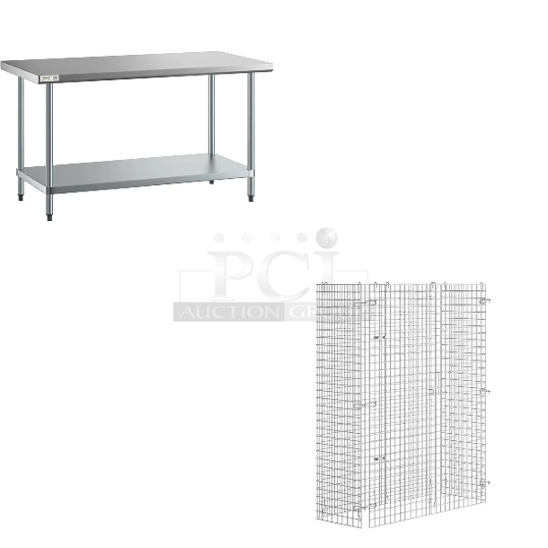 2 BRAND NEW SCRATCH AND DENT! Regency 600T3060G 30" x 60" 18-Gauge 304 Stainless Steel Commercial Work Table with Galvanized Legs and Undershelf and Regency 460ECSC1848 NSF Chrome Wire Security Cage - 18" x 48" x 61". May Be Missing Pieces. 2 Times Your Bid!   - Image 1 of 4