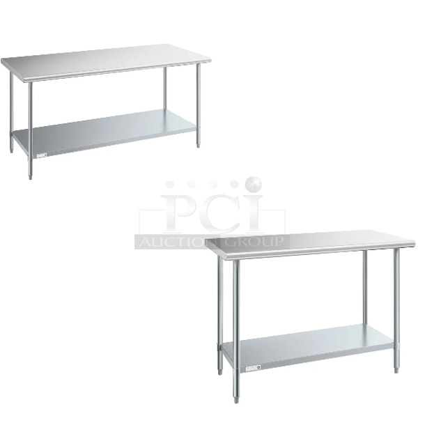 2 BRAND NEW SCRATCH AND DENT! Items Including Steelton 522ETSG3072 30" x 72" 18 Gauge 430 Stainless Steel Work Table with Undershelf and Steelton 522ETSG2448 24" x 48" 18 Gauge 430 Stainless Steel Work Table with Undershelf. May Be Missing Pieces. 2 Times Your Bid!   - Image 1 of 4