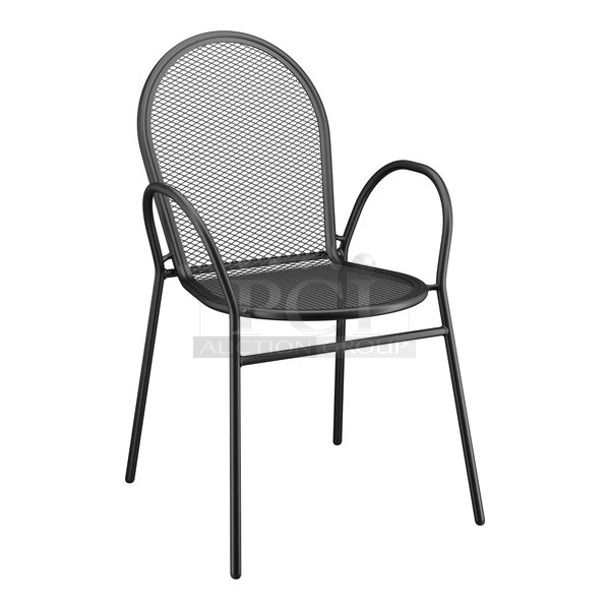 14 BRAND NEW SCRATCH AND DENT! Lancaster Table & Seating Black Metal Mesh Patio Arm Chairs. 14 Times Your Bid!  - Image 1 of 5
