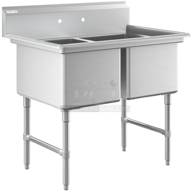 BRAND NEW SCRATCH AND DENT! Regency 600S21824 43" 16 Gauge Stainless Steel Two Compartment Commercial Sink with Stainless Steel Legs and Cross Bracing - 18" x 24" x 14" Bowls. No Legs.  - Image 1 of 6