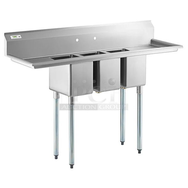 BRAND NEW SCRATCH AND DENT! Regency 600S31014216  66" 16-Gauge Stainless Steel Three Compartment Commercial Sink with Galvanized Steel Legs and 2 Drainboards - 10" x 14" x 12" Bowls. No Legs.  - Image 1 of 9