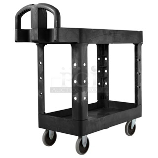 BRAND NEW SCRATCH AND DENT! Rubbermaid 4500-88 FG450088BLA BRUTE Black Small Lipped Two Lipped Shelf Utility Cart with Ergonomic Handle. May Be Missing Pieces.