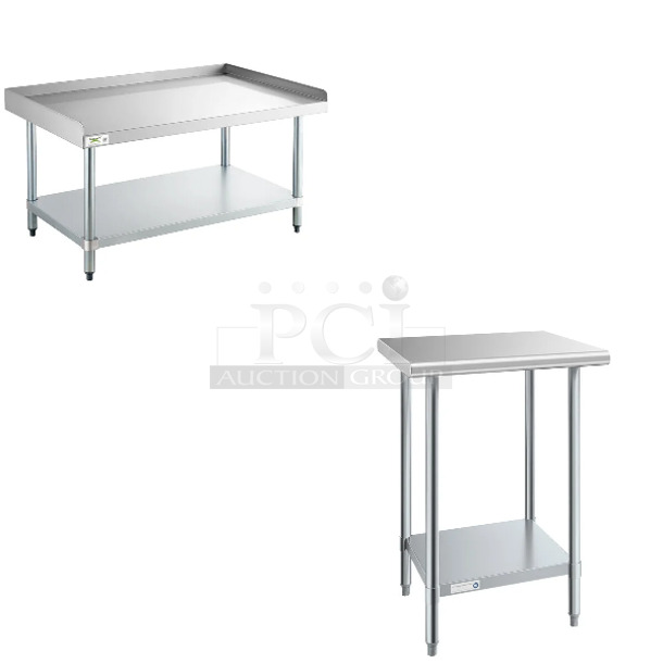 2 BRAND NEW SCRATCH AND DENT! Items Including Regency 600ES3048G 30" x 48" 16-Gauge Stainless Steel Equipment Stand with Galvanized Undershelf and Steelton 522ETSG2424 24" x 24" 18 Gauge 430 Stainless Steel Work Table with Undershelf. May Be Missing Pieces. 2 Times Your Bid!  - Image 1 of 4