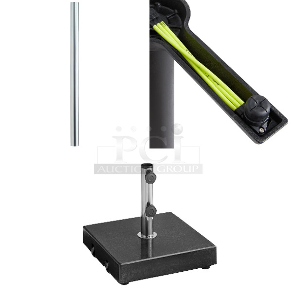 3 BRAND NEW SCRATCH AND DENT! Items Including Regency 600LEGALV711  1 711 LEG GALV 28" Galvanized Steel Leg for Work Tables - 5" Casters Required, 357CT2030 FLAT Tech KT22 22" Self-Stabilizing Black End Table Base Set - 2/Set, 427BASEGRNBK Lancaster Table & Seating 110 lb. Square Black Granite Umbrella Base. May Be Missing Pieces. 3 Times Your Bid!  - Image 1 of 6