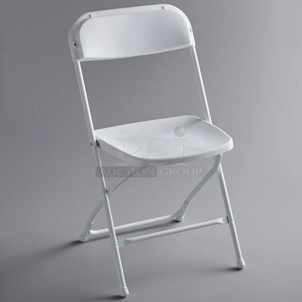 Box of 10 BRAND NEW SCRATCH AND DENT! Lancaster Table & Seating 384DG64299WH White Textured and Contoured Folding Chair. May Be Missing Pieces. - Image 1 of 3