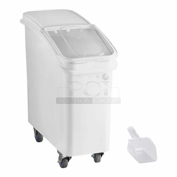 BRAND NEW SCRATCH AND DENT! Bakers Mark White Slant Top Mobile Ingredient Storage Bin with Sliding Lid  - Image 1 of 6
