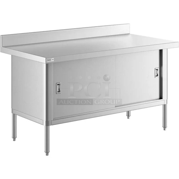 BRAND NEW SCRATCH AND DENT! Steelton 522EBTBKD3060D 30" x 60" 16 Gauge Type 430 Stainless Steel Enclosed Base Sliding Door Table with 4" Backsplash. May Be Missing Pieces.  - Image 1 of 3
