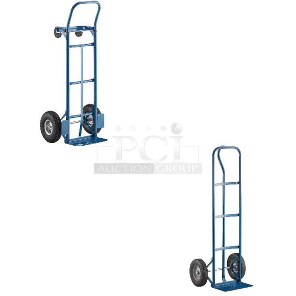 2 BRAND NEW SCRATCH AND DENT! Lavex 503HDTH600BL 600 lb. Blue Hand Truck With 10" Solid Rubber Wheels and Lavex 503HDTP21BL 500 lb. Blue 2-in-1 Convertible Hand Truck With 10" Pneumatic Wheels. 2 Times Your Bid! - Image 1 of 6