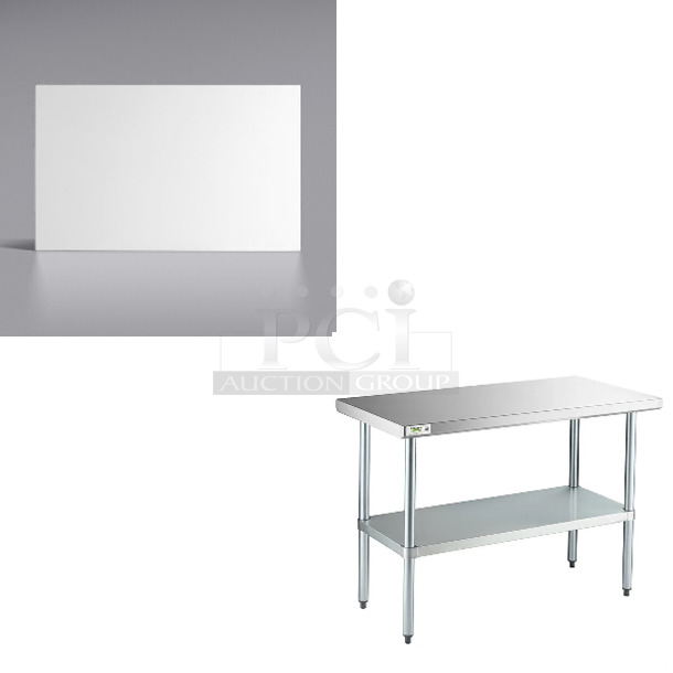 2 BRAND NEW SCRATCH AND DENT! Items Including Regency 600T2448G 24" x 48" 18-Gauge 304 Stainless Steel Commercial Work Table with Galvanized Legs and Undershelf and Lavex 257WBT3048L 30" x 48" Replacement Laminate Square Edge Heavy-Duty Workbench Top.  2 Times Your Bid! - Image 1 of 5