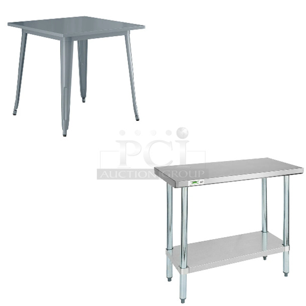 2 BRAND NEW SCRATCH AND DENT! Items Including Lancaster Table & Seating 164DA3232CHR Alloy Series 32" x 32" Charcoal Standard Height Outdoor Table and Regency 600T1836G 18" x 36" 18-Gauge 304 Stainless Steel Commercial Work Table with Galvanized Legs and Undershelf. May Be Missing Pieces. 2 Times Your Bid!  - Image 1 of 5