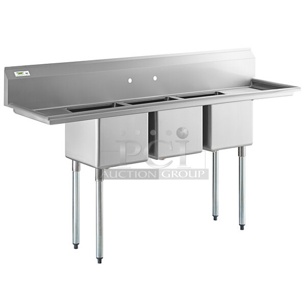BRAND NEW SCRATCH AND DENT! Regency 600S31515215 79" 16-Gauge Stainless Steel Three Compartment Commercial Sink with Galvanized Steel Legs and 2 Drainboards - 15" x 15" x 12" Bowls. No Legs. - Image 1 of 9