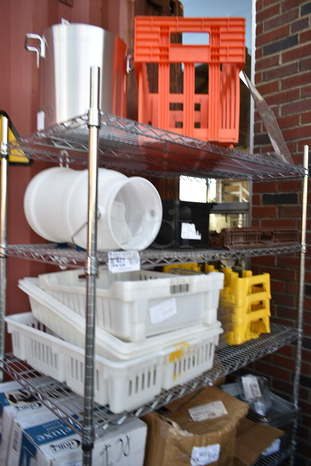 ALL ONE MONEIY! Three Tier Lot of Various Items Including 471SP24QT Choice 24 Qt. Standard Weight Aluminum Stock Pot, Clear Bins, Bottle Crates, Bread Crates.  - Image 2 of 12