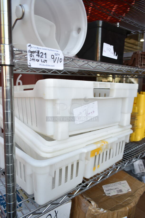 ALL ONE MONEIY! Three Tier Lot of Various Items Including 471SP24QT Choice 24 Qt. Standard Weight Aluminum Stock Pot, Clear Bins, Bottle Crates, Bread Crates.  - Image 12 of 12