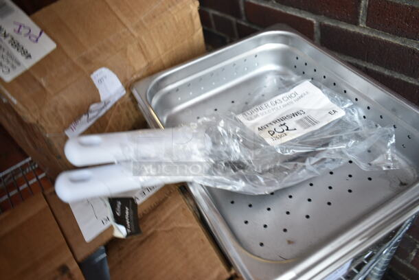 6 BRAND NEW SCRATCH AND DENT! Various Items Including 407TRNRSW63 Choice 6" x 3" Square Edge Turner with White Polypropylene Handle, 4070263 Choice 1/2 Size 6" Deep Anti-Jam Perforated Stainless Steel Steam table / Hotel Pan - 24 Gauge. 6 Times Your Bid!  - Image 3 of 7