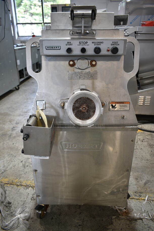 Hobart MG2032 Metal Commercial Floor Style Electric Powered Meat Mixer Grinder w/ Foot Pedal on Commercial Casters. 208 Volts, 3 Phase.  - Image 2 of 6