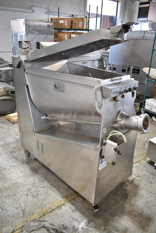 Hobart MG2032 Metal Commercial Floor Style Electric Powered Meat Mixer Grinder w/ Foot Pedal on Commercial Casters. 208 Volts, 3 Phase.  - Image 1 of 6