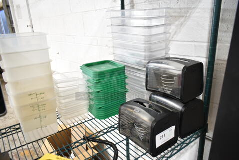 ALL ONE MONEY! Tier Lot of Various Items Including Poly Bins, Green Lids and Napkin Dispensers