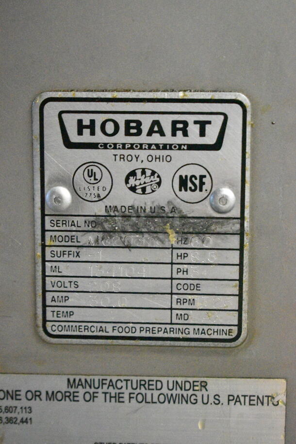 Hobart MG2032 Metal Commercial Floor Style Electric Powered Meat Mixer Grinder w/ Foot Pedal on Commercial Casters. 208 Volts, 3 Phase. Tested and Working! - Image 9 of 9