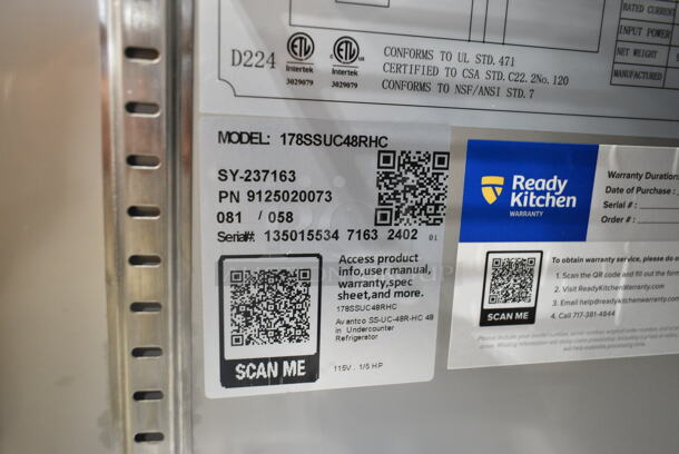 BRAND NEW SCRATCH AND DENT! 2024 Avantco 178SSUC48RHC Stainless Steel 48" Undercounter Refrigerator on Commercial Casters. 115 Volts, 1 Phase. Tested and Working! - Image 8 of 8