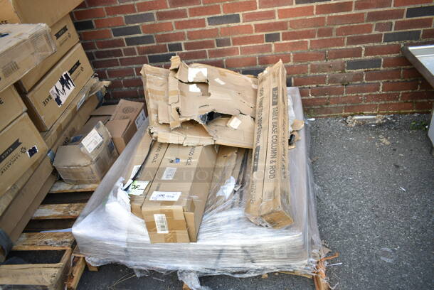 PALLET LOT of 8 BRAND NEW SCRATCH AND DENT! Including Lancaster Table & Seating 164TCOLROD37 37 1/2" Bar Height Table Base Column and Rod, 2 Lancaster Table & Seating 164UMBWD06PB 6' Pacific
Blue Pulley Lift Wood Umbrella, 2 Lancaster Table & Seating 164TB2230 22" x 30" Cross Cast Iron Table Base Plate. 8 Times Your Bid!  - Image 1 of 11