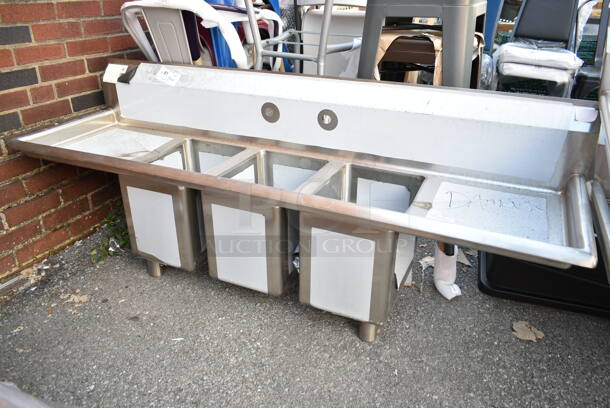 BRAND NEW SCRATCH AND DENT! Regency 600S31014216 66" 16-Gauge Stainless Steel Three Compartment Commercial Sink with Galvanized Steel Legs and 2 Drainboards - 10" x 14" x 12" Bowls. No Legs.  - Image 3 of 9