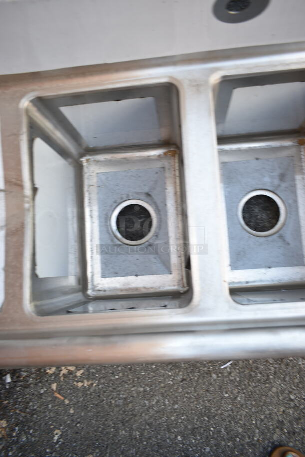 BRAND NEW SCRATCH AND DENT! Regency 600S31014216 66" 16-Gauge Stainless Steel Three Compartment Commercial Sink with Galvanized Steel Legs and 2 Drainboards - 10" x 14" x 12" Bowls. No Legs.  - Image 7 of 9