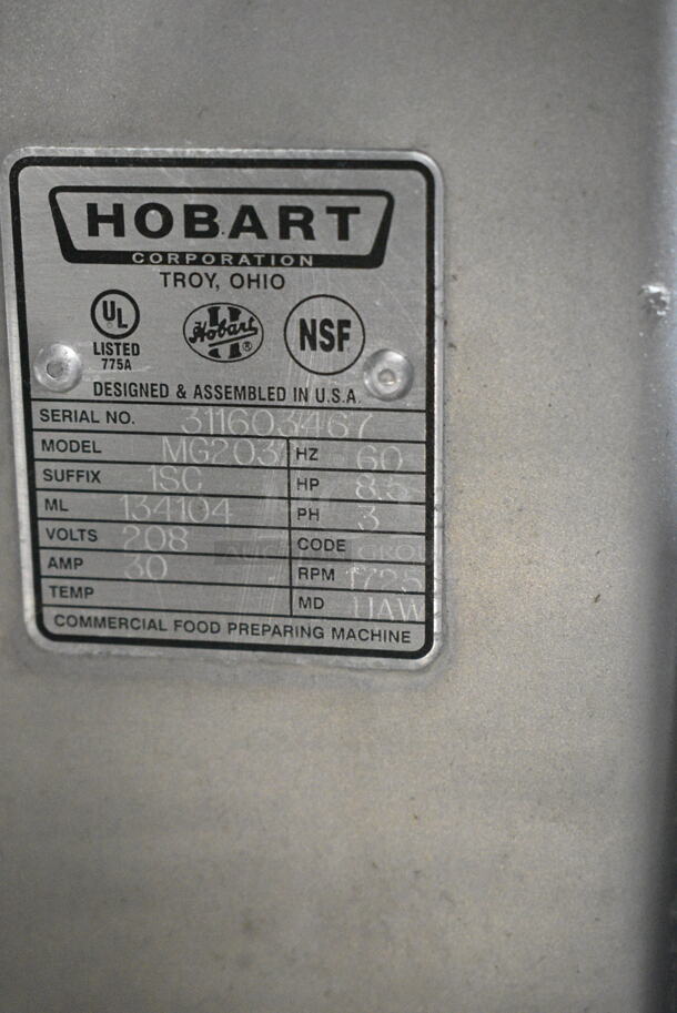 2020 Hobart MG2032 Metal Commercial Floor Style Electric Powered Meat Mixer Grinder w/ Foot Pedal on Commercial Casters. 208 Volts, 3 Phase. Tested and Working! - Image 7 of 7