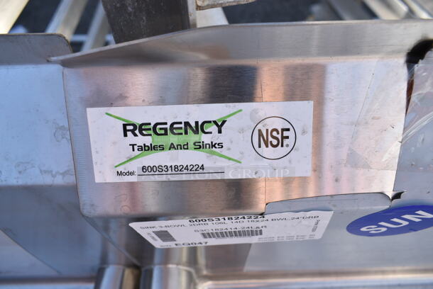 BRAND NEW SCRATCH AND DENT! Regency 600S31824224 Stainless Steel Commercial 3 Bay Sink w/ Dual Drain Boards. No Legs. Bays 18x23x14. Drain Boards 22.5x25.5. No Legs. - Image 9 of 9