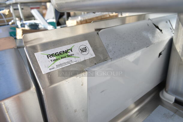 BRAND NEW SCRATCH AND DENT! Regency 600S31515215 79" 16-Gauge Stainless Steel Three Compartment Commercial Sink with Galvanized Steel Legs and 2 Drainboards - 15" x 15" x 12" Bowls. No Legs. - Image 9 of 9