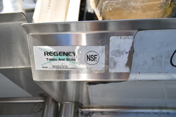 BRAND NEW SCRATCH AND DENT! Regency 600S31515 54" 16-Gauge Stainless Steel Three Compartment Commercial Sink with Galvanized Steel Legs and without Drainboards - 15" x 15" x 12" Bowls. No Legs. - Image 7 of 7