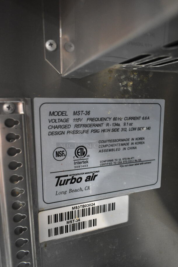Turbo Air MST-36 Stainless Steel Commercial Sandwich Prep Table on Commercial Casters. 115 Volts, 1 Phase. Tested and Powers On But Does Not Get Cold - Image 8 of 8