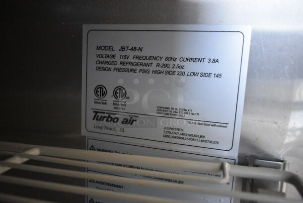 Turbo Air JBT-48-N Stainless Steel Commercial Sandwich Prep Table on Commercial Casters. 115 Volts, 1 Phase. Tested and Working! - Image 7 of 7