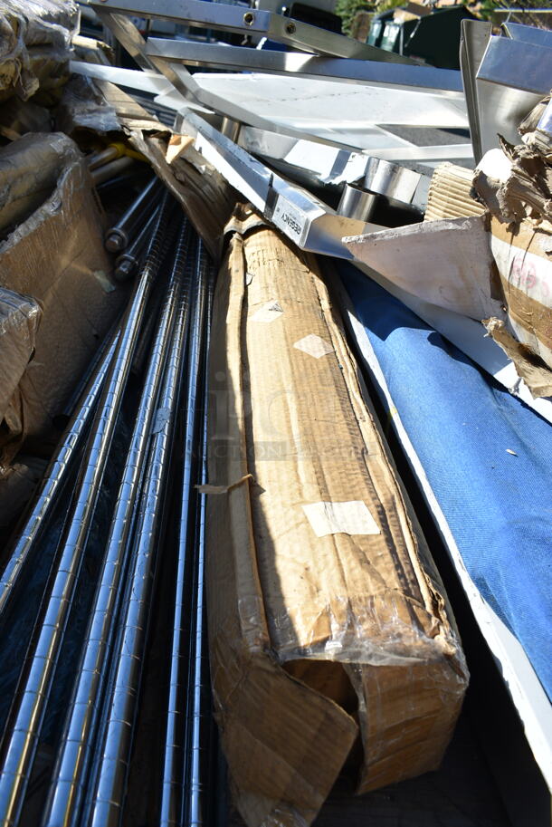 PALLET LOT of 10 BRAND NEW SCRATCH AND DENT! Items Including ServIt 423ST3B1SC Self-Service 2-Sided Sneeze Guard for 3-Pan Steam Tables, Regency 600DOS1872 Stainless Steel Double Deck Overshelf - 18" x 72" x 32", Regency 600TB2460G 24" x 60" 18-Gauge 304 Stainless Steel Commercial Work Tabletop, Avantco 178SSDOS6012 Stainless Steel Double Deck Overshelf - 12" x 60", Sunpentown SR-1151B Built-In Commercial Range, Regency 600GKM3448 48" Mobile Gas Connector Hose Kit with 2 Elbows, Full Port Valve, Restraining Device, and Quick Disconnect - 3/4". May Be Missing Pieces. 10 Times Your Bid!  - Image 8 of 12