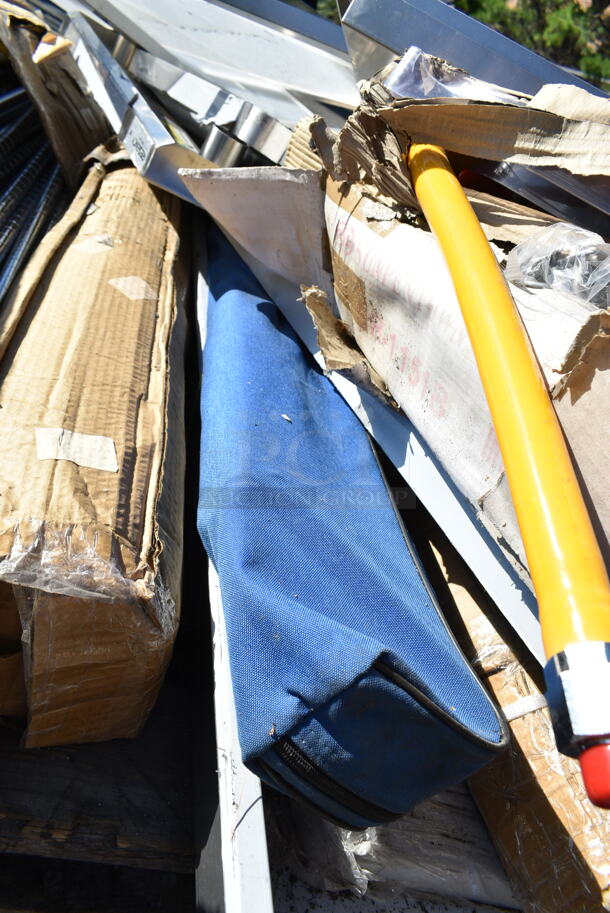 PALLET LOT of 10 BRAND NEW SCRATCH AND DENT! Items Including ServIt 423ST3B1SC Self-Service 2-Sided Sneeze Guard for 3-Pan Steam Tables, Regency 600DOS1872 Stainless Steel Double Deck Overshelf - 18" x 72" x 32", Regency 600TB2460G 24" x 60" 18-Gauge 304 Stainless Steel Commercial Work Tabletop, Avantco 178SSDOS6012 Stainless Steel Double Deck Overshelf - 12" x 60", Sunpentown SR-1151B Built-In Commercial Range, Regency 600GKM3448 48" Mobile Gas Connector Hose Kit with 2 Elbows, Full Port Valve, Restraining Device, and Quick Disconnect - 3/4". May Be Missing Pieces. 10 Times Your Bid!  - Image 9 of 12
