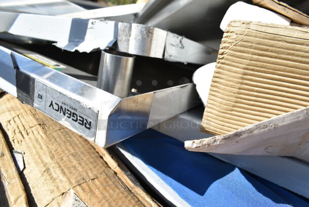 PALLET LOT of 10 BRAND NEW SCRATCH AND DENT! Items Including ServIt 423ST3B1SC Self-Service 2-Sided Sneeze Guard for 3-Pan Steam Tables, Regency 600DOS1872 Stainless Steel Double Deck Overshelf - 18" x 72" x 32", Regency 600TB2460G 24" x 60" 18-Gauge 304 Stainless Steel Commercial Work Tabletop, Avantco 178SSDOS6012 Stainless Steel Double Deck Overshelf - 12" x 60", Sunpentown SR-1151B Built-In Commercial Range, Regency 600GKM3448 48" Mobile Gas Connector Hose Kit with 2 Elbows, Full Port Valve, Restraining Device, and Quick Disconnect - 3/4". May Be Missing Pieces. 10 Times Your Bid!  - Image 10 of 12