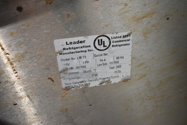 Leader LM72 Stainless Steel Commercial 3 Door Prep Table on Commercial Casters. No Lids. 115 Volts, 1 Phase. Tested and Working! - Image 10 of 10