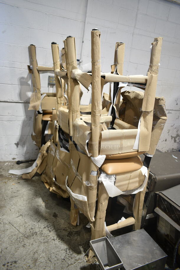 8 BRAND NEW SCRATCH AND DENT! Chairs; Black Metal Dining Height Chair w/ Gray Seat Cushion and Back Rest and Black Metal Bar Height Chairs w/ Tan Cushion and Back Rest. 8 Times Your Bid! - Image 1 of 10