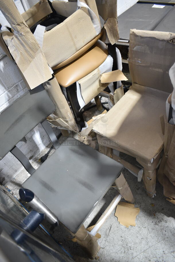 8 BRAND NEW SCRATCH AND DENT! Chairs; Black Metal Dining Height Chair w/ Gray Seat Cushion and Back Rest and Black Metal Bar Height Chairs w/ Tan Cushion and Back Rest. 8 Times Your Bid! - Image 3 of 10