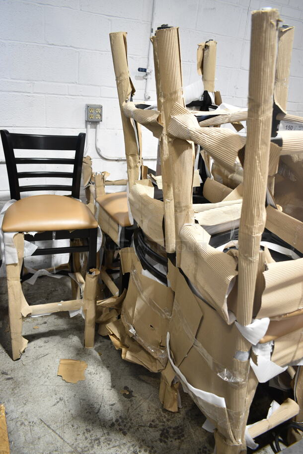 8 BRAND NEW SCRATCH AND DENT! Chairs; Black Metal Dining Height Chair w/ Gray Seat Cushion and Back Rest and Black Metal Bar Height Chairs w/ Tan Cushion and Back Rest. 8 Times Your Bid! - Image 6 of 10