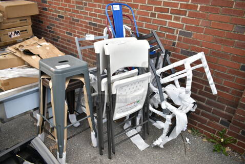 13 BRAND NEW SCRATCH AND DENT! Items Including White Poly Folding Chairs, Tolix Style Bar Stool, Gray Metal Bar Height Chair Frame, Black Ladder Back Dining Height Chair, Tolix Style Outdoor Patio Chairs. 13 Times Your Bid! 
