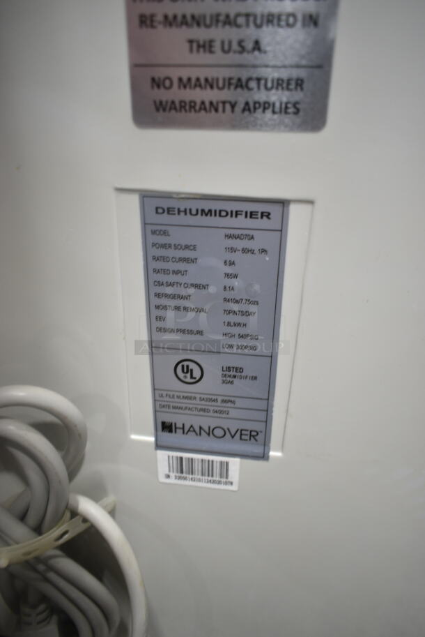 BRAND NEW SCRATCH AND DENT! Hanover HANAD70A 70 Pint Dehumidifier. 115 Volts, 1 Phase. Tested and Working! - Image 7 of 7