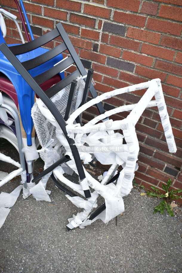 13 BRAND NEW SCRATCH AND DENT! Items Including White Poly Folding Chairs, Tolix Style Bar Stool, Gray Metal Bar Height Chair Frame, Black Ladder Back Dining Height Chair, Tolix Style Outdoor Patio Chairs. 13 Times Your Bid!  - Image 7 of 12