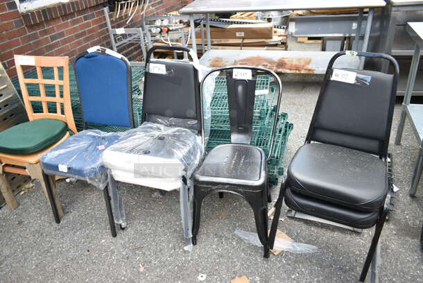 7 BRAND NEW SCRATCH AND DENT! Chairs Including Black Metal Stackable Banquet, Black Tolix Style Patio, Blue Cushioned Stackable Banquet and Wooden Dining Height. 7 Times Your Bid!  - Image 2 of 9