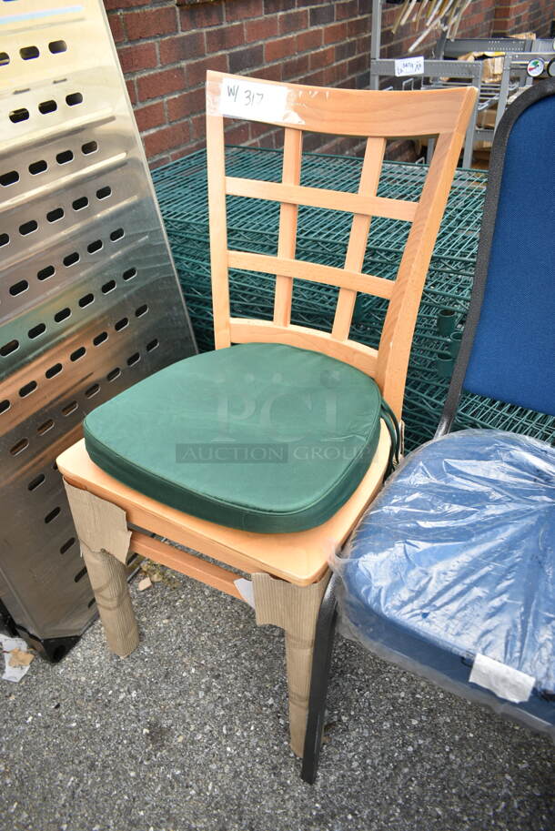 7 BRAND NEW SCRATCH AND DENT! Chairs Including Black Metal Stackable Banquet, Black Tolix Style Patio, Blue Cushioned Stackable Banquet and Wooden Dining Height. 7 Times Your Bid!  - Image 3 of 9