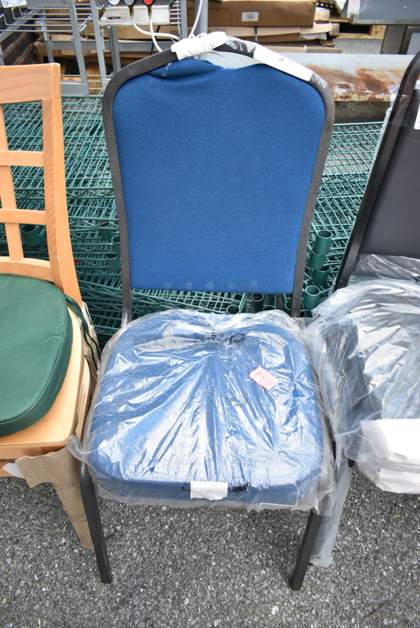 7 BRAND NEW SCRATCH AND DENT! Chairs Including Black Metal Stackable Banquet, Black Tolix Style Patio, Blue Cushioned Stackable Banquet and Wooden Dining Height. 7 Times Your Bid!  - Image 4 of 9