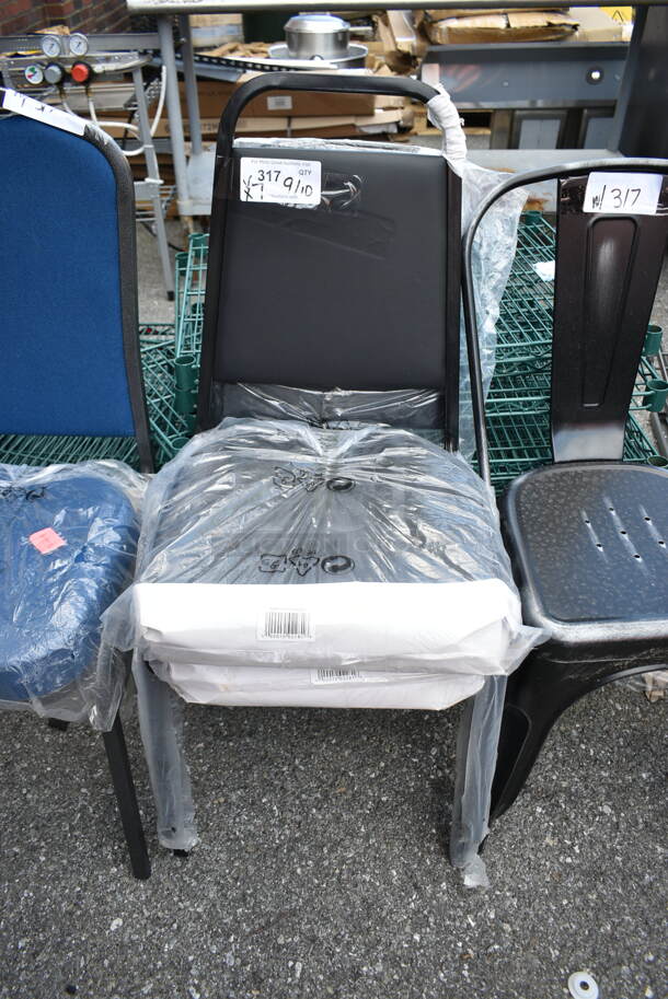 7 BRAND NEW SCRATCH AND DENT! Chairs Including Black Metal Stackable Banquet, Black Tolix Style Patio, Blue Cushioned Stackable Banquet and Wooden Dining Height. 7 Times Your Bid!  - Image 5 of 9