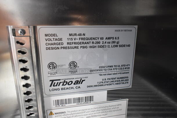 Turbo Air MUR-48-N Stainless Steel Commercial 2 Door Undercounter Cooler. 115 Volts, 1 Phase. Tested and Working! - Image 5 of 5