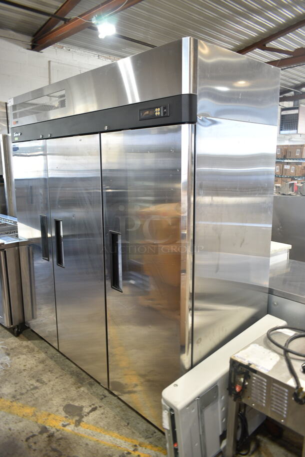 Turbo Air M3R72-3-N Stainless Steel Commercial 3 Door Reach In Cooler w/ Poly Coated Racks on Commercial Casters. 115 Volts, 1 Phase. Tested and Working! - Image 1 of 7